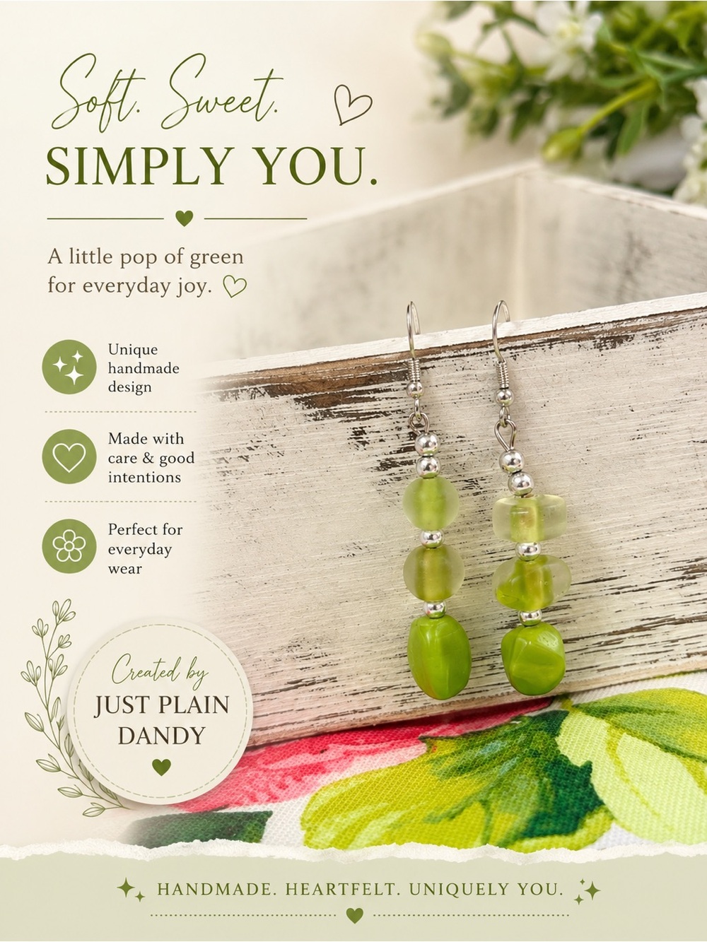 Handmade Green Beaded Dangle Earrings Earthy Glass Jewelry